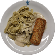 Gebackenes Wildlachsfilet 'Florentiner Art' gefüllt mit Spinat und Käse (16,19,81) an Weißwein-Dill-Soße (19,24,81) auf grünen Tagliatelle (81)