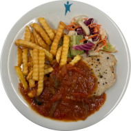 Schweinerückensteak 'Letscho' (1,9,19,24,48) dazu Pommes frites und Salatgarnitur