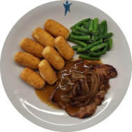 'Thüringer Rostbrätl' - Schweinekammsteak in Senf-Zwiebel-Schwarzbiermarinade (22) an Bratenjus dazu Bohnen und Kroketten (81)