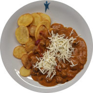 Sonnenblumengyros in Metaxasoße mit Paprika, Zwiebel und Knoblauch (1,18,84) dazu gebackene Knoblauchkartoffeln (49)