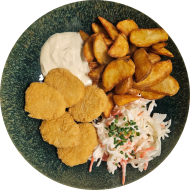 Plant Based Nuggets (81) mit Limetten-Chili-Mayonnaise (9,19,22,63) und Kartoffelsplaten dazu Coleslawsalat (3,15,19,22)