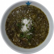 Calalou - vegane Kreolische Gemüsesuppe mit Aubergine, Blattspinat (3,24,81) dazu 1 Brötchen (81,82). Auch als kleine Portion erhältlich.