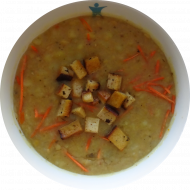 Kartoffelsuppe mit gebratenen Räuchertofuwürfeln oder Wiener Würstchen (1,2,3,8,18,21,46) dazu Roggenmischbrot (81,82).Auch als kleine Portion erhältlich.