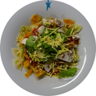 Pastaabend: Tomaten-Rucola-Farfalle (81) an Tomatensoße 'Napoli' (81) dazu Reiberei (1)