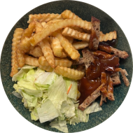 Grillabend: Seitan-Bites (49,81) an Currysoße (9) dazu Rustico frites und Salatgarnitur