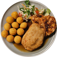 Schnitzelabend: Schweineschnitzel 'Cordon bleu' (2,3,19,81) o. hausgemachtes Hähnchenschnitzel Hawaii (19,81) an Bratensoße (81) dazu Kartoffelbällchen (81) und Salatgarnitur