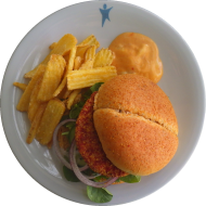 Asiatischer Kimchi-Burger 'Daejeon' mit Mangosalsa, Pak Choi, marinierter Gurke und Chili-Majo (2,22,23,81) dazu Amazing Fries