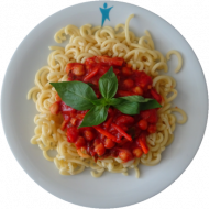 Spaghetti (81) mit Kichererbsenbolognese (21,49,81) dazu geriebener Gouda (19) oder Reiberei (1)