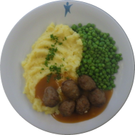 6 schwedische Köttbullar an Bratenrahmsoße (19,81) dazu Erbsengemüse und hausgemachter Kartoffelstampf (19)