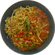 Scharfes Kichererbsen-Gemüse-Curry (21,49) dazu chinesische Bratnudeln (2,18,81)