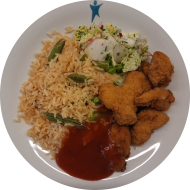 'Chicken Nuggets' (3,81) an Sweet-Chili-Dip (9,18,81) dazu Bratreis mit Zuckerschoten und Salatgarnitur