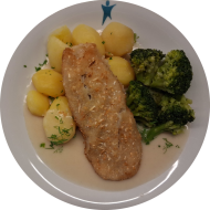 Seelachsfilet in Kartoffelkruste gebacken (16,24,81) an Dill-Weißwein-Rahm (1,19,22,24,81) dazu Brokkoligemüse und Salzkartoffeln 
