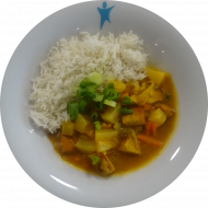 Tofupfanne 'süß-sauer' mit Ananas und Frühlingszwiebel (2,18,49,81) dazu Langkornreis