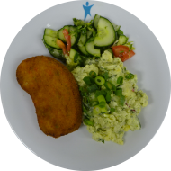 Gemüseschnitzel (81,85) dazu Kartoffelsalat nach 'Hausfrauen Art' (9,15,19,81)