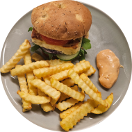 Sie können aus 6 verschiedenen Burgervariationen wählen. Heutige Tagesempfehlung: Focaccia-Cheese-Burger mit Halloumi, Rucola, Zwiebeln, Pesto und Tomaten (9,19,81) dazu als Menüoption Pommes und House-Dip (9,22)