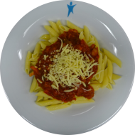 Makkaroni (81) mit Kichererbsenbolognese (21,49,81) dazu geriebener Gouda (19) oder vegane Reiberei (1). Auch als kleine Portion erhältlich.