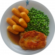 Hähnchenbrustschnitzel mit Zitronenecke (81) dazu Geflügelsoße (81), Erbsengemüse und Kroketten (81)