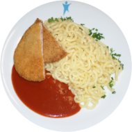 Panierte Jägerschnitte (2,3,8,15,19,22,81) mit Gabelspaghetti (81) und Tomatensoße (81)