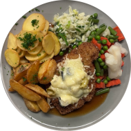 Schweineschnitzel 'Griechische Art' mit Oliven und Hirtenkäse gratiniert (3,6,15,19,81) an Bratensoße (81) dazu Gemüse- und Sättigungsbeilagen zur Wahl