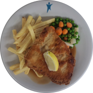 Sächsisches Schnitzel in würziger Senfpanade (15,22,81) an Bratensoße (81) dazu Leipziger Allerlei und Pommes frites