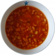 Pikanter Soja-Kesselgulasch mit Kartoffeln, Paprika, Sauerkraut und Gemüse (3,9,18,22,49) dazu ein Weizenbrötchen (81). Auch als kleine Portion erhältlich.