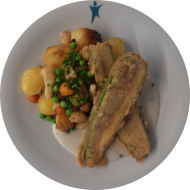 Hausgemachtes Zucchinischnitzel (81) an Schnittlauchsoße (18,81) dazu Schwenkkartoffel-Gemüse-Pfanne 
