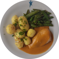 Gebratene Hähnchenbrust in Kokos-Curry-Soße (1,2,18,81) dazu sautierte Zuckerschoten und würzige Chili-Kräuter-Kartoffeln