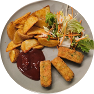 Grillabend: 3 Gemüsekroketten 'Gärtnerin Art' (21,81) an BBQ-Dip (9,21) dazu Kartoffelspalten und Salatgarnitur