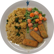 3 Gemüsekroketten 'Gärtnerin Art' (21,81) an Dillsoße (1,81) dazu buntes Gemüse und Couscous mit Curry und Schnittlauch (81)
