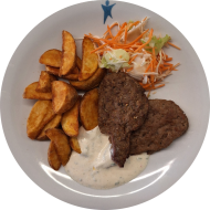 2 gegrillte Lammhacksteaks (15,81) mit Ingwer-Minz-Dip (19) dazu Currykartoffeln und Salatgarnitur