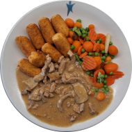 Rahmgeschnetzeltes vom Schwein mit Champignons, Weißwein und Sahne (19,24,81) dazu Leipziger Allerlei und Kroketten (81)