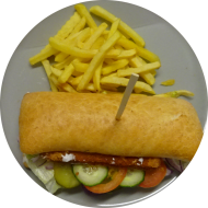 Sie können aus 6 verschiedenen Burgervariationen wählen. Heutige Tagesempfehlung: Burger mit paniertem Seelachs, Remoulade, Gewürzgurke und roter Zwiebel (1,2,9,15,16,19,81,82) dazu als Menüoption Pommes und House-Dip (9,22)