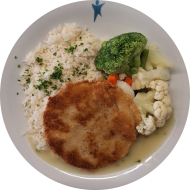 Hausgemachtes Kohlrabischnitzel (3,81) mit Kressesoße (81) dazu sommerliches Gemüse und Langkornreis