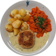 Hausgemachtes Blumenkohl-Käse-Medaillon (15,19,81) mit Kräuterhollandaise (8,15,19) dazu Möhrengemüse und Rosmarinkartoffeln (49)