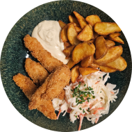 Knusprig gebratene Hähnchen Goujons (15,81) an Limetten-Chili-Mayonnaise 89,19,22) dazu Kartoffelspalten und Coleslawsalat (3,15,19,22)