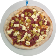 Pizza Vulcano mit Salami, Peperoni und Hirtenkäse (1,2,3,19,46,81)