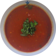 Tomatensuppe mit Reis (2,18,81) dazu Fladenbrot (23,81). Auch als kleine Portion erhältlich.