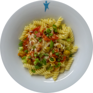 Pasta Fussili (81) mit Gemüsebolognese (21) dazu Reibekäse (19) oder veganer Reibekäse (1,2)