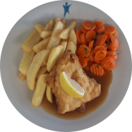 Hähnchenfilet 'Cordon bleu' mit Zitronenecke (2,8,19,81) an geflügelsoße (81) dazu Möhrengemüse und Steakhouse Pommes
