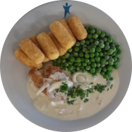 Ofenhähnchen in Zwiebel-Weißweinrahm (19,24,81) dazu Buttererbsen (19) und Kroketten (81)