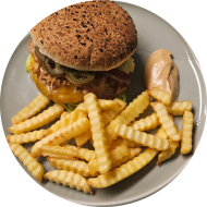 Sie können aus 6 verschiedenen Burgervariationen wählen. Heutige Tagesempfehlung: TexMexBurger mit Rindfleischpatty, Kidneybohnen, Mais, Röstzwiebeln, Cheddar und BBQ-Salsa (1,2,3,19,21,22,23,81) dazu als Menüoption Pommes und House-Dip (9,22)
