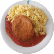 Paniertes Jägerschnitte (2,3,8,15,19,22,81) dazu Fussili (81) mit Tomatensoße (81)