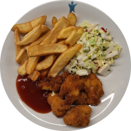 Chicken Nuggets (3,81) mit süß-scharfem Asia-Dip (9,49) dazu Steakhouse Pommes und Salatgarnitur