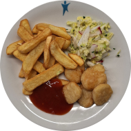 Knusper-Nuggets (81) mit süß-scharfem Asia-Dip (9,49) dazu Steakhouse Pommes und Salatgarnitur