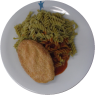Panierte Jägerschnitte (2,3,8,15,19,22,81), Tomatensoße (81) und Spirelli (81)