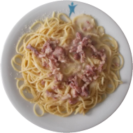 Spaghetti 'Carbonara' nach italienischer Art mit Schinkenspeck, Kochsahne (2,3,15,19,81) mit geriebenem Hartkäse (15,19)