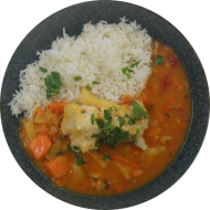 Tandooriblumenkohl an Linsen-Ananas-Curry (1,2,3,18,22) dazu Basmatireis