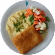 Paniertes Seelachsfilet in Sesampanade gebacken (16,23,81) mit Dillsoße und buntem Gemüse dazu hausgemachter Kartoffelstampf (19)