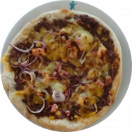 Sie können aus 6 verschiedenen Pizzavariationen wählen. Heutige Tagesempfehlung: Pizza 'Barbecue' mit Rinderhackfleisch, Bacon, roter Zwiebel, Cheddar und Mozzarella (1,2,3,19,21,81)
