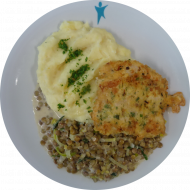 Seehechtfilet in Ei-Dill-Hülle auf Balsamicolinsen mit Meerrettich-Kartoffelstampf (3,15,16,19,22,24,81)